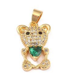 Зеленый Латунные подвески с фианитами, долговечный, реальный 18 k позолоченный, медведь, зелёные, 18.5x11.5x4 мм, отверстие : 3.5x4.5 мм