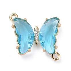 Sky Blue Glass Links Connectors, with Brass Micro Pave Cubic Zirconia, Faceted, Butterfly, Light Gold, Sky Blue, 20x20x4mm, Hole: 1.5mm