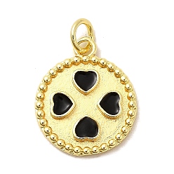 Черный Латунь эмаль подвески, плоские круглые с подвесками в виде сердечек и соединительными кольцами, без свинца и без кадмия, долговечный, стойки покрытие, реальный 18 k позолоченный, чёрные, 17.5x15x2 мм, отверстие : 3.4 мм