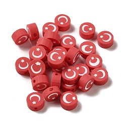 Indian Red Handmade Polymer Clay Beads, Flat Round with Moon Pattern, Indian Red, 9x4.5mm, Hole: 1.6mm