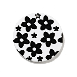 Black Printed Acrylic Pendants, Flat Round with Flower Pattern, Black, 29.5x2mm, Hole: 1.5mm
