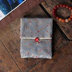 Slate Gray Rectangle Chinese Style Cloth Jewelry Gift Bags for Earrings, Bracelets, Necklaces Packaging, Flower Pattern, Slate Gray, 12x10cm