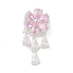 Pink Латунные микро проложить кубического циркония подвески, цветок с подвесками-каплями, 925 серебро покрытием, розовые, 24.5x11.5x6 мм, отверстие : 1.6 мм
