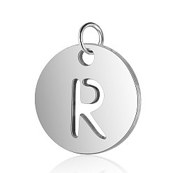 Letter R 304 Stainless Steel Charms, Flat Round with Letter, Stainless Steel Color, Letter.R, 12x1mm, Hole: 2.5mm