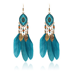 Blue Bohemian Ethnic Style Beaded Leaf Tassel Feather Earrings Colorful Drip Oil Ear Studs