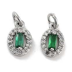 Green Brass Micro Pave Cubic Zirconia Charms, with Jump Ring, Oval, Platinum, Green, 10x6.5x3.5mm, Hole: 2mm