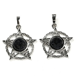 Синий Драгоценный Камень Синтетический синий авантюрин подвески, подвеска в виде стойки из латуни со звездой, платина, без кадмия и без свинца, 27.5x25.5x7~8 мм, отверстие : 8x5 мм