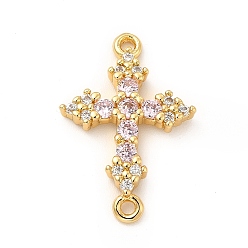 Pink Eco-Friendly Rack Plating Brass Pave Cubic Zirconia Connector Charms, Lead Free & Cadmium Free, Real 18K Gold Plated, Religion Cross Links, Pink, 24.5x16.5x3.5mm, Hole: 1.4~1.5mm