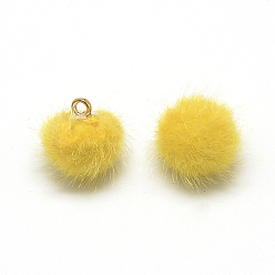 Yellow Faux Mink Fur Covered Charms, with Golden Tone Brass Findings, Round, Yellow, 21x18~19mm, Hole: 2mm