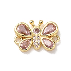Pink Латунные подвески-шармы в виде бабочек с кубическим цирконием, инкрустированные фианитами., реальный 18 k позолоченный, стойки покрытие, долговечный, без кадмия и без свинца, розовые, 12x17x3.2 мм, отверстие : 1.6 мм