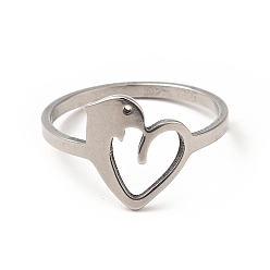 Stainless Steel Color 201 Stainless Steel Heart with Dolphin Finger Ring for Valentine's Day, Stainless Steel Color, US Size 6 1/2(16.9mm)