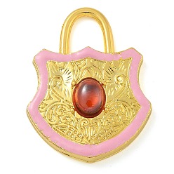 Бледно-Розовый Стеклянные подвески из латуни с покрытием стойки, с эмалью, долговечный, без свинца и без кадмия, реальный 18 k позолоченный, запирать, розовый жемчуг, 40x30x5.5 мм, отверстие : 9x8 мм