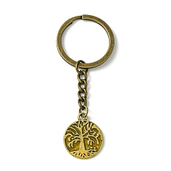 Antique Bronze Iron Split Keychains, with Alloy Pendants, Tree of Life Charms,, Antique Bronze, 7.9cm