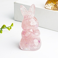 Rose Quartz Resin Rabbit Display Decoration, with Sequins Natural Rose Quartz Chips inside Statues for Home Office Decorations, 40x40x73mm
