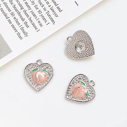 Platinum Alloy Rhinestone Pendants, with Enamel, Heart with Peach Charms, Platinum, 18x16mm