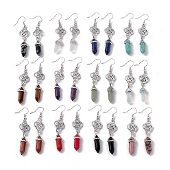 Mixed Stone Gemstone Bullet with Sailor's Knot Dangle Earrings, Platinum Brass Long Drop Earrings for Women, Cadmium Free & Lead Free, 66mm, Pin: 0.6mm