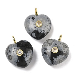 Снежный Обсидиан Естественно снежинка обсидиана подвески, подвески в форме сердца с латунной микропаве из прозрачных кубических цирконий, золотые, 25.5~26.5x20.5x12~13 мм, отверстие : 4.5 мм