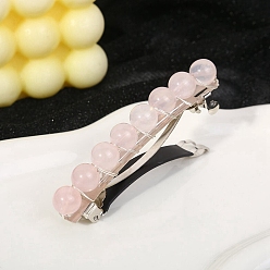 Rose Quartz Metal French Hair Barrettes, with Round Natural Rose Quartz Bead, Hair Accessories for Women Girl, 80x10x18mm
