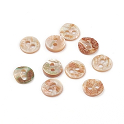 Coral Abalone Shell/Paua Shell, Flat Round, 2-Hole, Coral, 7x1.5mm, Hole: 1.4mm