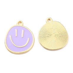 Lilac Alloy Enamel Pendants, Golden, Flat Round with Smiling Face Charm, Lilac, 24.5x20x1.5mm, Hole: 2mm