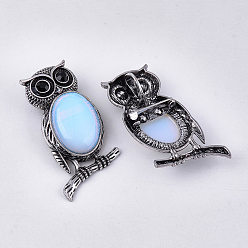 Opalite Opalite Brooches/Pendants, with Rhinestone and Alloy Findings, Owl, Antique Silver, 51x28~29x15~16.5mm, Hole: 4.5x8.5mm, Pin: 0.5mm