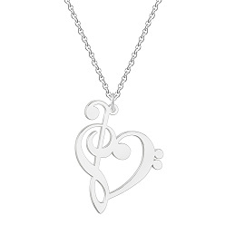 Platinum Brass Musical Note Heart Pendant Necklace with Stainless Steel Chains for Women, Platinum, 17.72 inch(45cm)