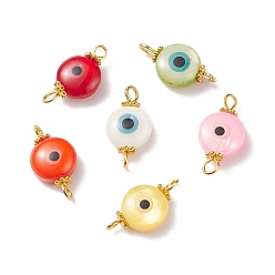 Mixed Color Natural Freshwater Shell Connector Charms, with Golden Tone Iron & Alloy Findings, Flat Round with Evil Eye, Dyed, Mixed Color, 19.5x10x5.5mm, Hole: 1.8~3mm