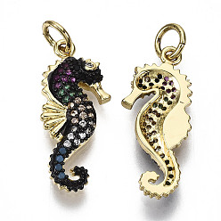 Real 16K Gold Plated Brass Micro Pave Cubic Zirconia Pendants, with Jump Ring, Nickel Free, Sea Horse Shape, Colorful, Real 16K Gold Plated, 22x9x2.5mm, Jump Ring: 5x1mm, 3mm inner diameter
