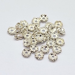 Silver Flower Brass Rhinestone Bead Spacers, Silver Color Plated, 4x2mm, Hole: 1mm