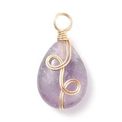 Amethyst Natural Amethyst Pendants, Twisted with Golden Tone Copper Wire, Teardrop, 25x13x7mm, Hole: 3.9mm