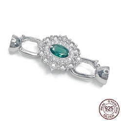 Real Platinum Plated Rhodium Plated 925 Sterling Silver Micro Pave Teal Cubic Zirconia Fold Over Clasps, Oval, Real Platinum Plated, 32mm, Hole: 4mm