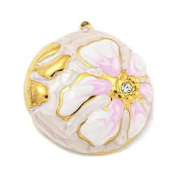 чертополох Ионное покрытие (ip) 304 подвески из нержавеющей стали со стразами, с эмалью, реальный 18 k позолоченный, полукруглый с цветочной подвеской, чертополох, 30x26.5x8 мм, отверстие : 1.5 мм