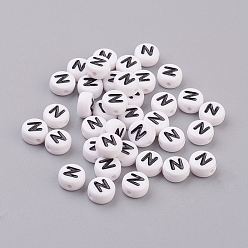 Letter N Акриловые бусины с горизонтальными отверстиями, плоско-круглые, белые, Письмо N, 7x4 мм, отверстие : 1.2~1.8 мм