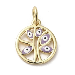 Lilac Brass Enamel Charms, with Jump Ring, Real 18K Gold Plated, Flat Round with Tree & Evil Eye Charm, Lilac, 15x13.5x1.4mm, Hole: 3.6mm