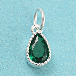 Green 925 Sterling Silver Charms, with Cubic Zirconia, Faceted Teardrop, Silver, Green, 8.5x5x3mm, Hole: 3mm