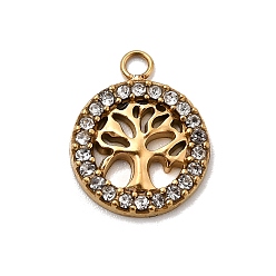 Кристалл 304 подвески из нержавеющей стали с микропаве из стразов, древо жизни прелести, ионное покрытие (ip), реальный 18 k позолоченный, кристалл, 15.5x12.5x2 мм, отверстие : 1.8 мм