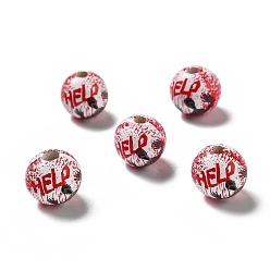 Red Halloween Spray Painted Wood Beads, Round with Word Help, Red, 15.5~16x14.5~15mm, Hole: 4mm