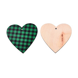 Green Single-Sided Printed Wood Big Pendants, Heart Charm with Tartan Pattern, Green, 80x79x2mm, Hole: 3.5mm