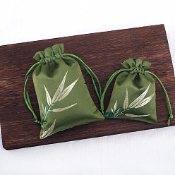 Green Silk Embroidery Leaf Storage Bags, Drawstring Pouches Packaging Bag, Rectangle, Green, 14x10cm