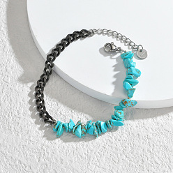 Synthetic Turquoise Synthetic Turquoise Chips Beaded Bracelet, with Black Stainless Steel Curb Chains, 6-1/4 inch(16cm)