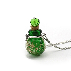 Lime Green Luminous Round Lampwork Perfume Bottle Necklaces, with Titanium Steel Chains, Lime Green, 23.62 inch(60cm), Pendant: 18mm, Capacity: 0.5ml(0.02fl. oz)