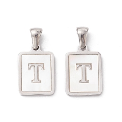 Letter T 304 Stainless Steel Pave Shell Pendants, Rectangle Charm, Stainless Steel Color, Letter T, 17.5x12x1.5mm, Hole: 3x5mm