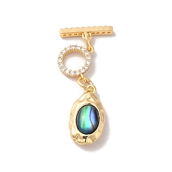 Colorful Real 18K Gold Plated Brass Micro Pave Clear Cubic Zirconia Toggle Clasps, with Natural Abalone Shell/Paua Shell, Irregular Oval, Colorful, Pendant: 16x8.5x5mm, Hole: 1.2mm; Bar: 13x4x1.8mm, Hole: 1.2mm; Ring: 8.5x16x1.9mm, Hole: 1mm