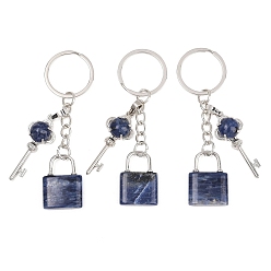 Содалитовое Брелки с подвеской из натурального содалита, Замок и ключ, с разъемным кольцом для ключей из латуни и железа, стойки покрытие, долговечный, платина, 80 мм
