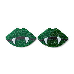 Dark Green Opaque Printed Acrylic Pendants, with Glitter Powders, Lip Charm, Dark Green, 26.5x41.5x2.2mm, Hole: 1.6mm