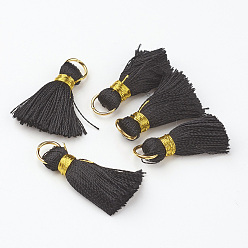 Black Nylon Tassel Pendant Decoration, with Brass Findings, Golden, Black, 23~27x5mm, Hole: 4mm