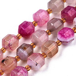 Hot Pink Natural Agate Beads Strands, Faceted, with Seed Beads, Dyed, Round, Hot Pink, 10.5x9.5mm, Hole: 1.2mm, about 31~32pcs/strand, 14.96 inch(38cm)