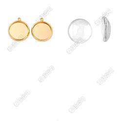 Настоящее золото 18K 12шт. латунные подвески-кабошоны, долговечный, без никеля , плоско-круглые, с 12 стеклянными кабошонами, реальный 18 k позолоченный, лоток : 12 мм, 16x14x1.5 мм, отверстие : 1.2 мм