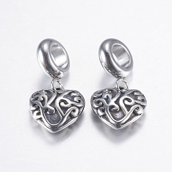 Antique Silver 304 Stainless Steel European Dangle Charms, Heart, Large Hole Pendants, Antique Silver, 22mm, Hole: 5mm, Pendant: 11x11x4mm