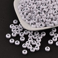 Letter A Acrylic Beads, with Horizontal Hole, Letter, Flat Round, Letter.A, 7x4mm, Hole: 1mm, about 3500pcs/500g